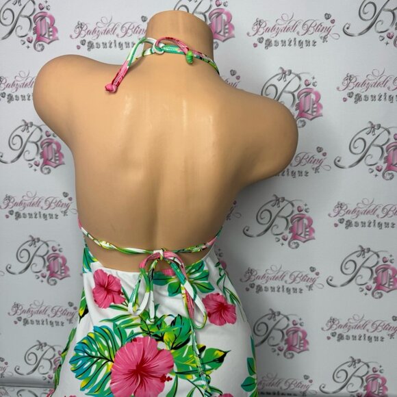 La vie en rose aqua dress tropical floral green pink white black blue strappy - Picture 4 of 10